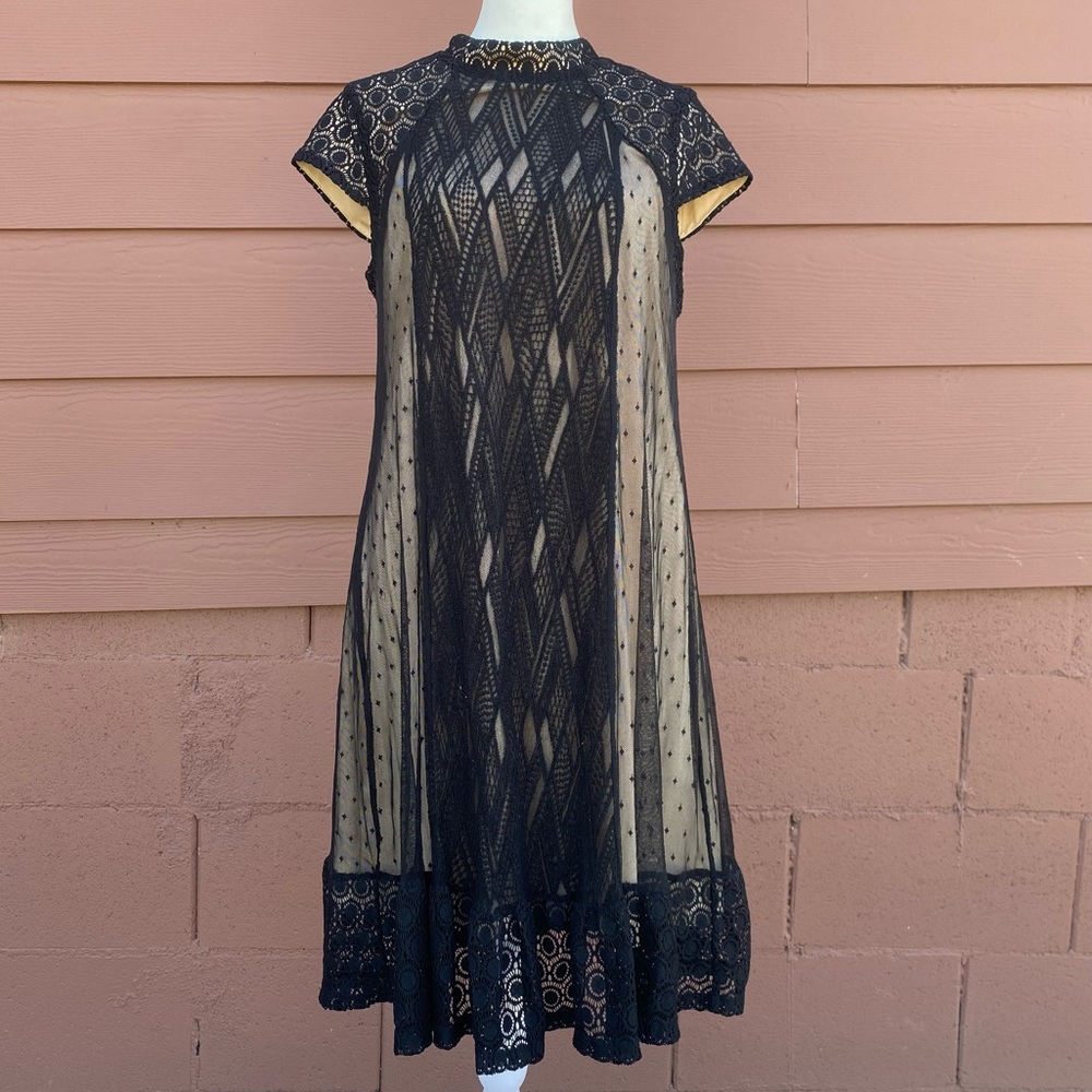 AUW Black Tan Lace High Neck Midi Short Floral Dress Size Women’s 10